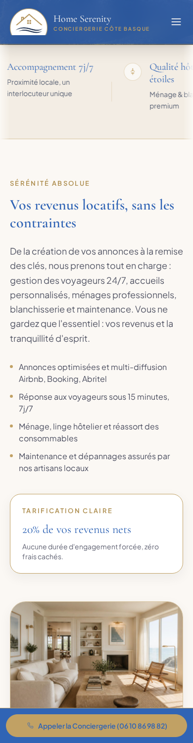 Home Serenity sur mobile, avec le détail des services de conciergerie